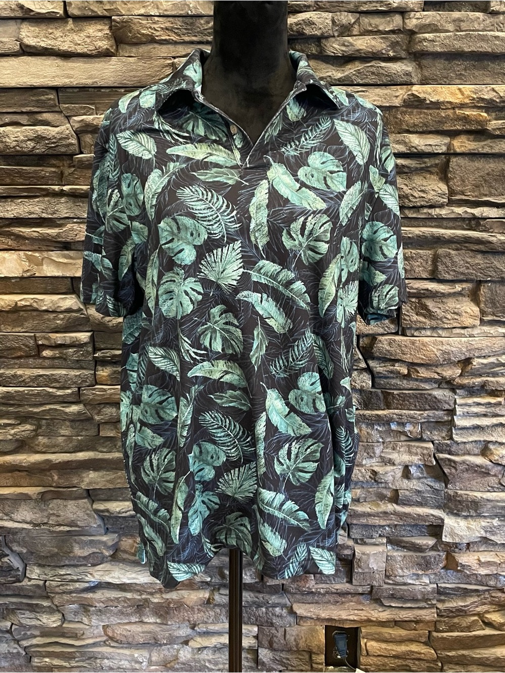 Chaps Black Polo with Mint Green Leaf Print
